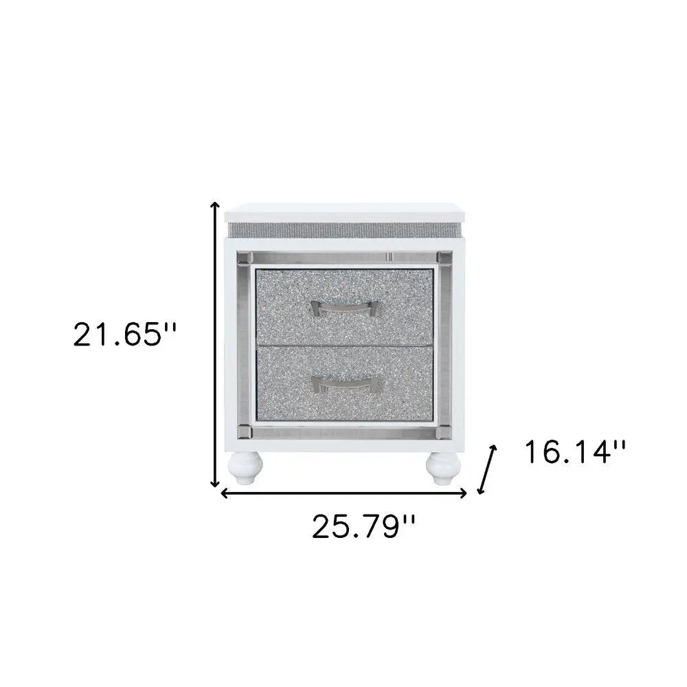22" White and Silver Two Drawer Faux Crystal Bling Wood Nightstand HomeRoots