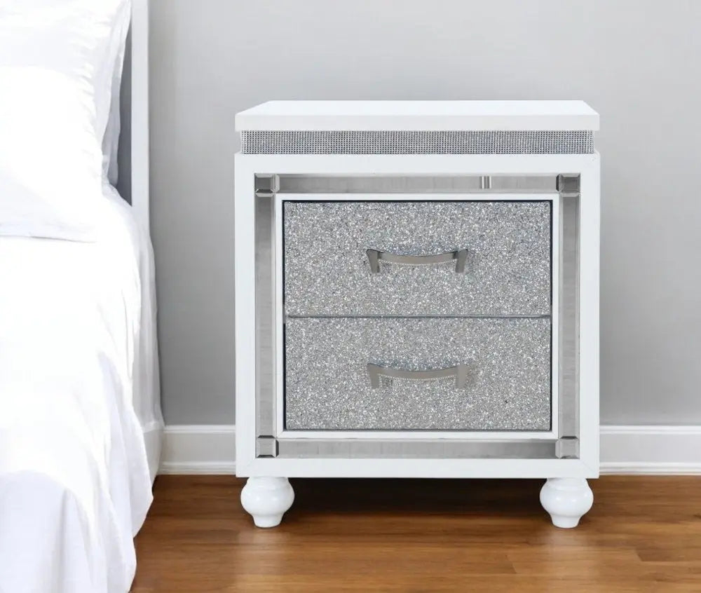 22" White and Silver Two Drawer Faux Crystal Bling Wood Nightstand HomeRoots