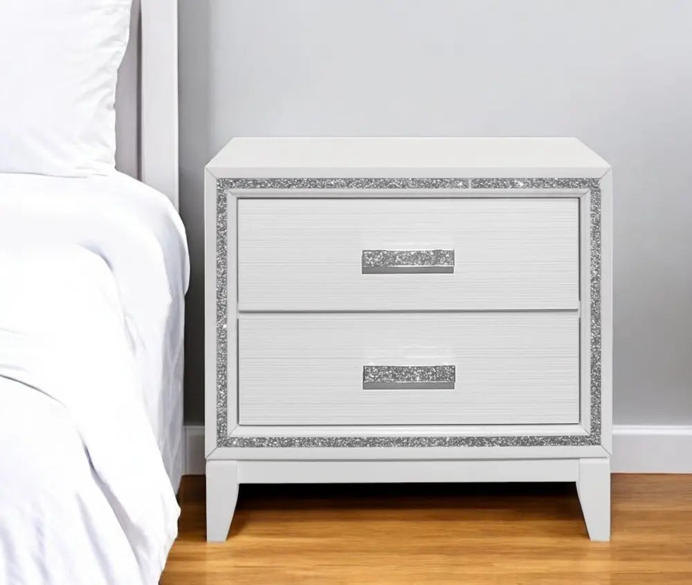 26" White Two Drawer Faux Crystal Bling Wood Nightstand HomeRoots