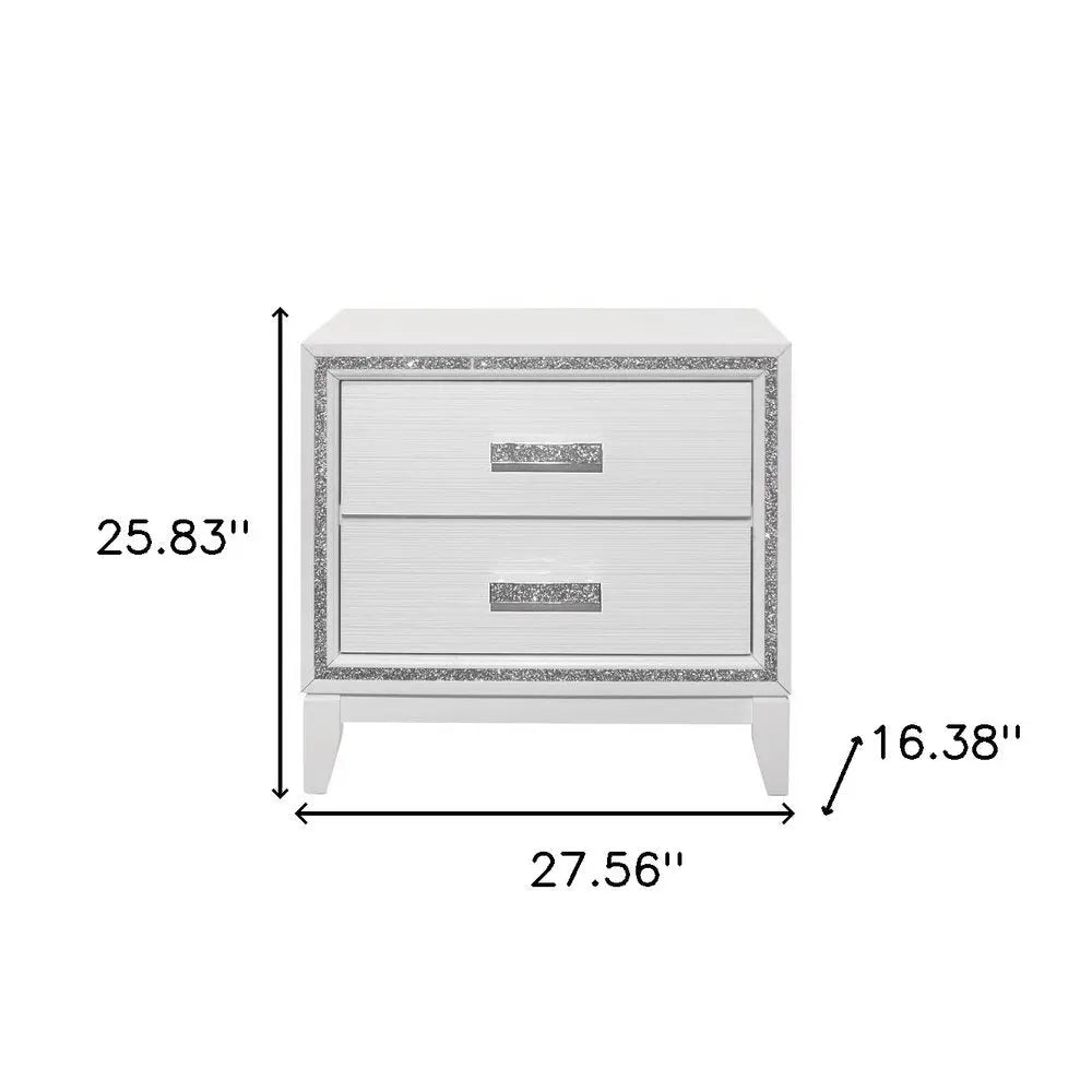 26" White Two Drawer Faux Crystal Bling Wood Nightstand HomeRoots