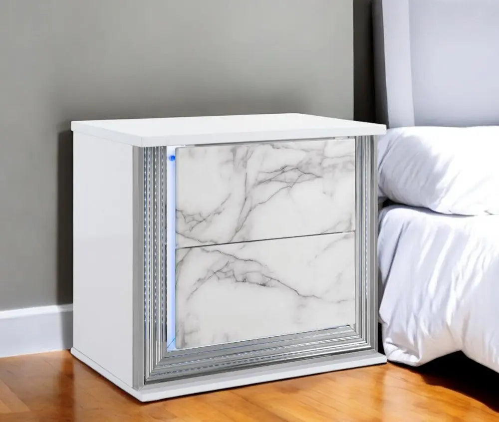 25" White Wood Faux Marble Solid and Manufactured Wood Lighted Two Drawer Nightstand with USB Port HomeRoots