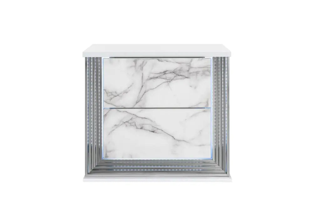 25" White Wood Faux Marble Solid and Manufactured Wood Lighted Two Drawer Nightstand with USB Port HomeRoots