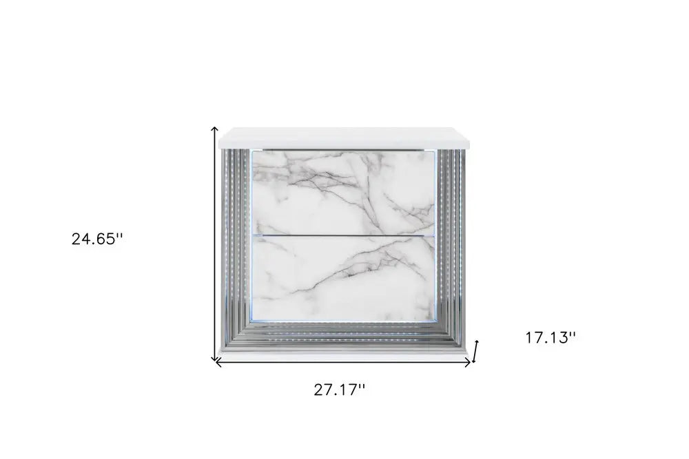 25" White Wood Faux Marble Solid and Manufactured Wood Lighted Two Drawer Nightstand with USB Port HomeRoots