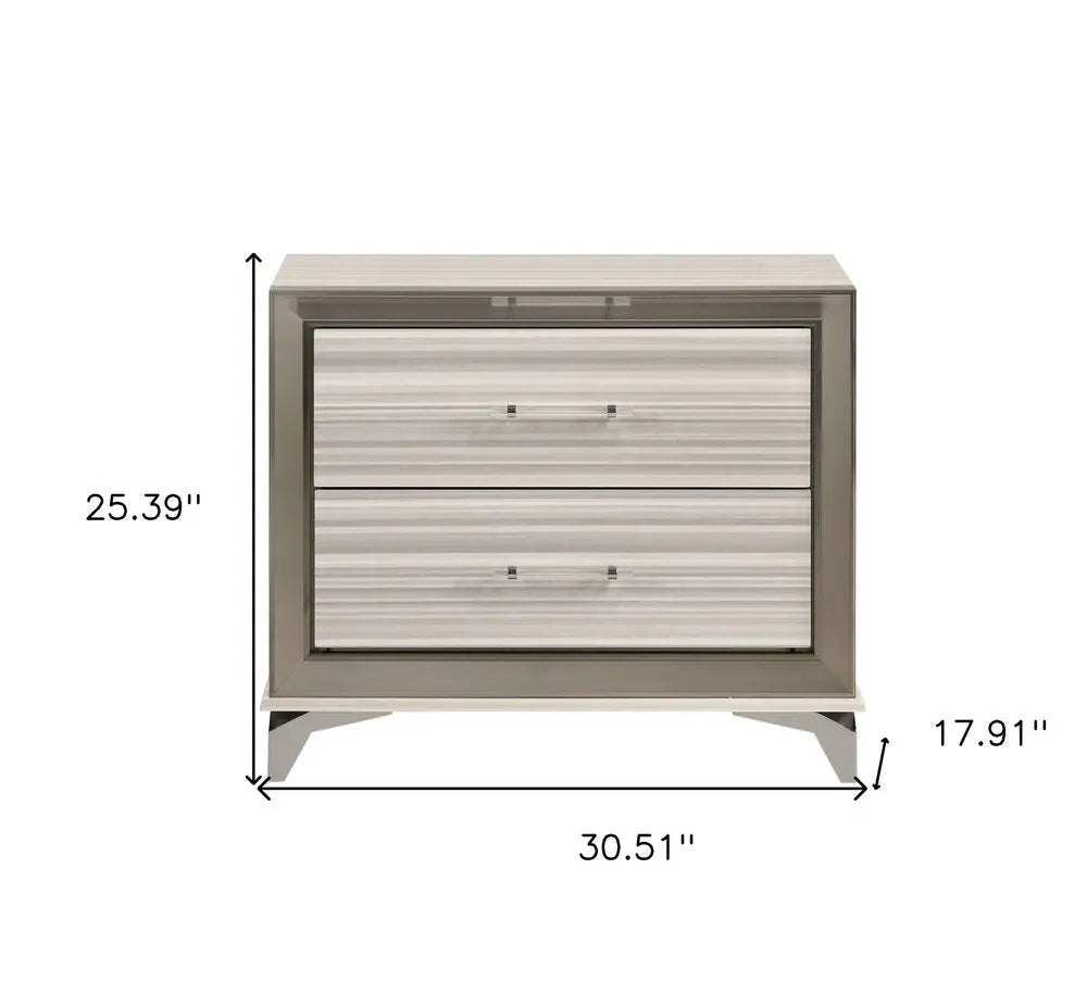 25" Silver And White Wood Lighted Two Drawer Nightstand HomeRoots