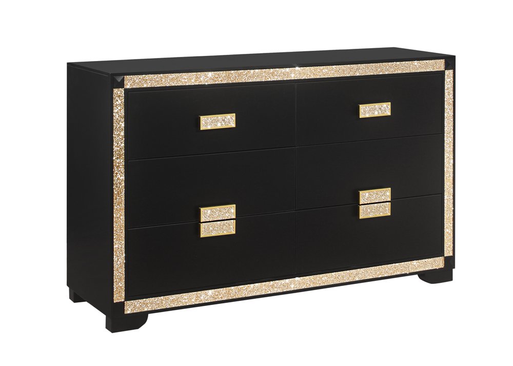 62" Black And Gold Faux Crystal Bling Wood Six Drawer Double Dresser
