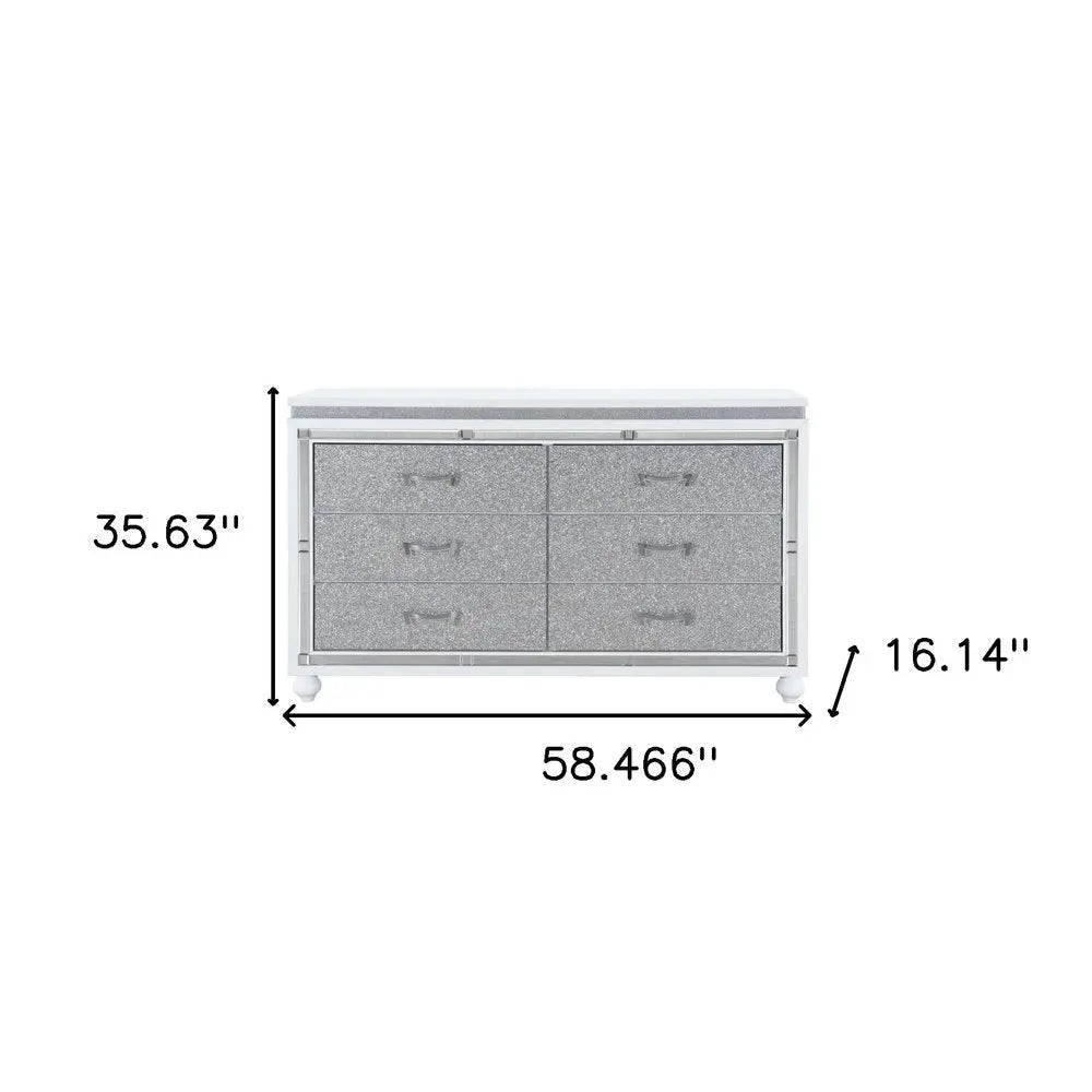 58" White And Silver Faux Crystal Bling Wood Six Drawer Double Dresser HomeRoots