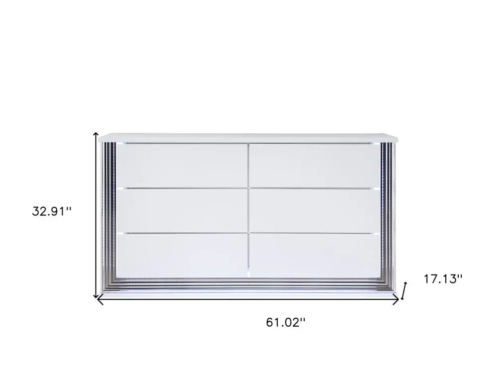 61" White Wood Lighted Six Drawer Double Dresser