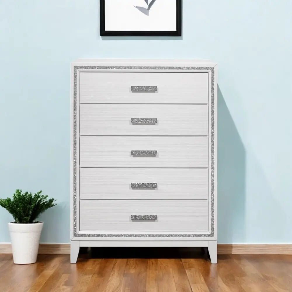 49" White And Silver And Faux Wood And Crystal Bling Lighted Five Drawer Dresser HomeRoots