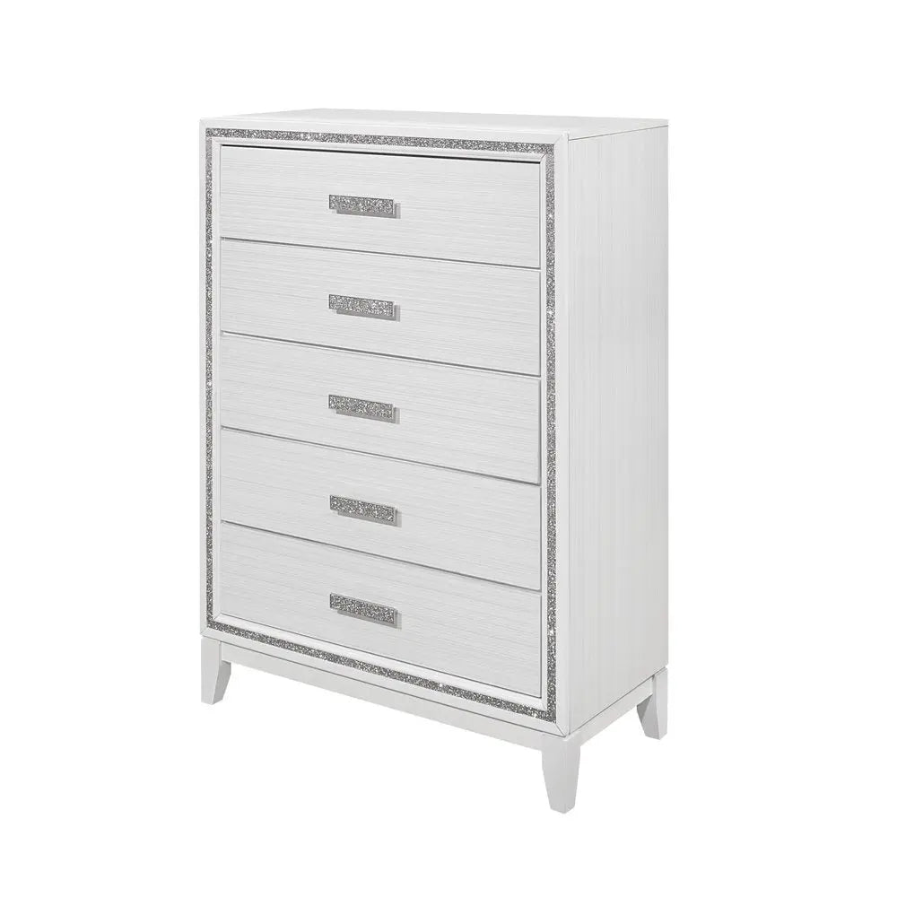 49" White And Silver And Faux Wood And Crystal Bling Lighted Five Drawer Dresser HomeRoots
