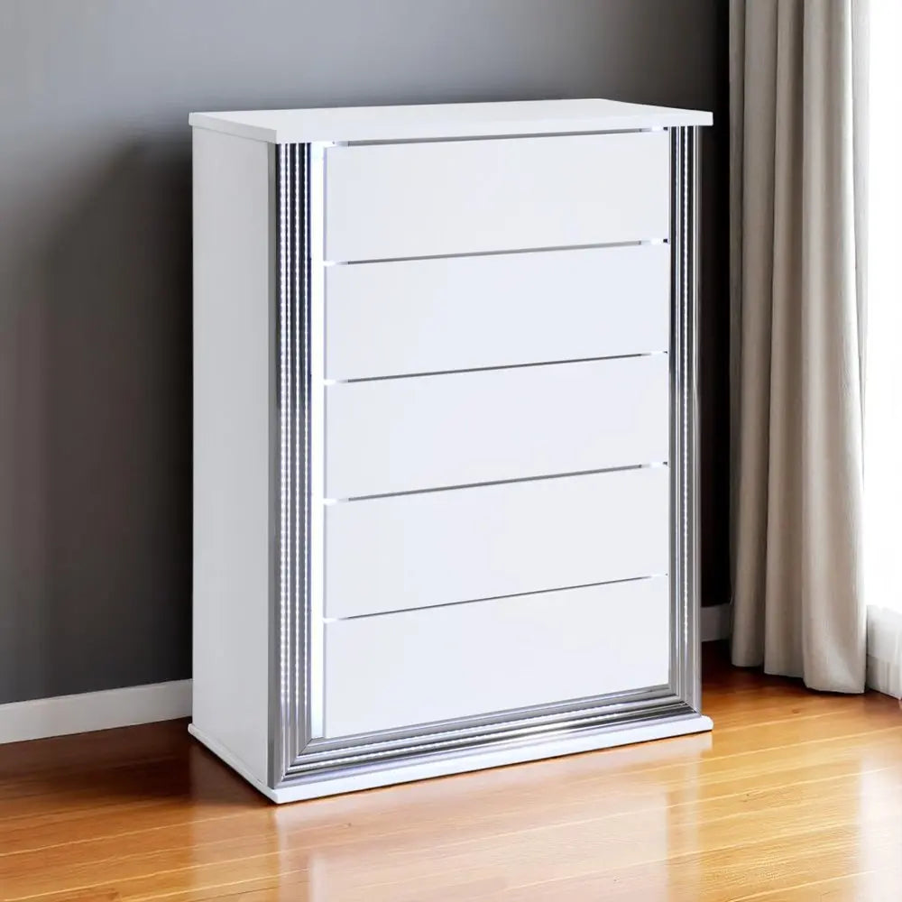 49" White Wood Lighted Five Drawer Dresser HomeRoots