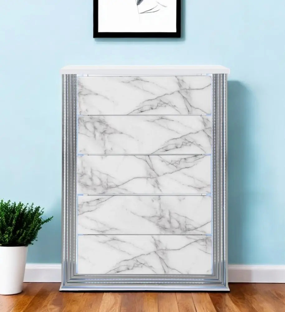 49" Silver And White Wood Faux Marble Lighted Five Drawer Dresser HomeRoots