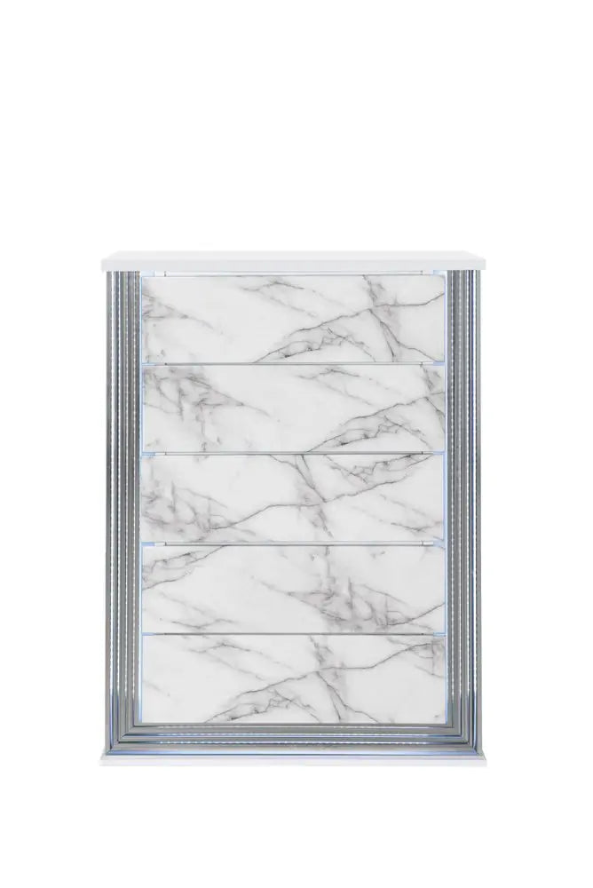 49" Silver And White Wood Faux Marble Lighted Five Drawer Dresser HomeRoots