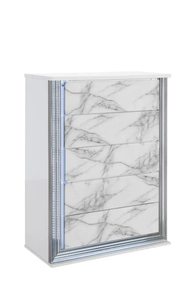 49" Silver And White Wood Faux Marble Lighted Five Drawer Dresser HomeRoots