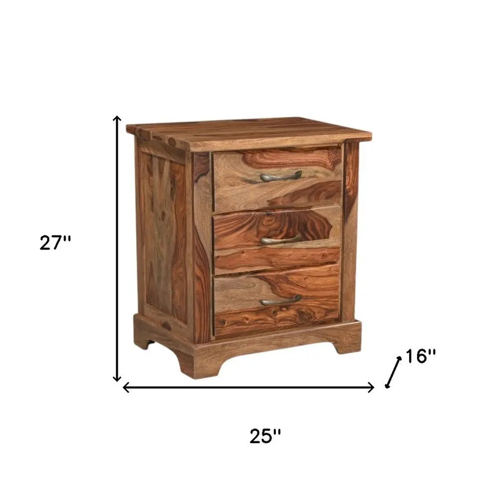 27" Brown Solid Wood Live Edge Three Drawer Nightstand HomeRoots