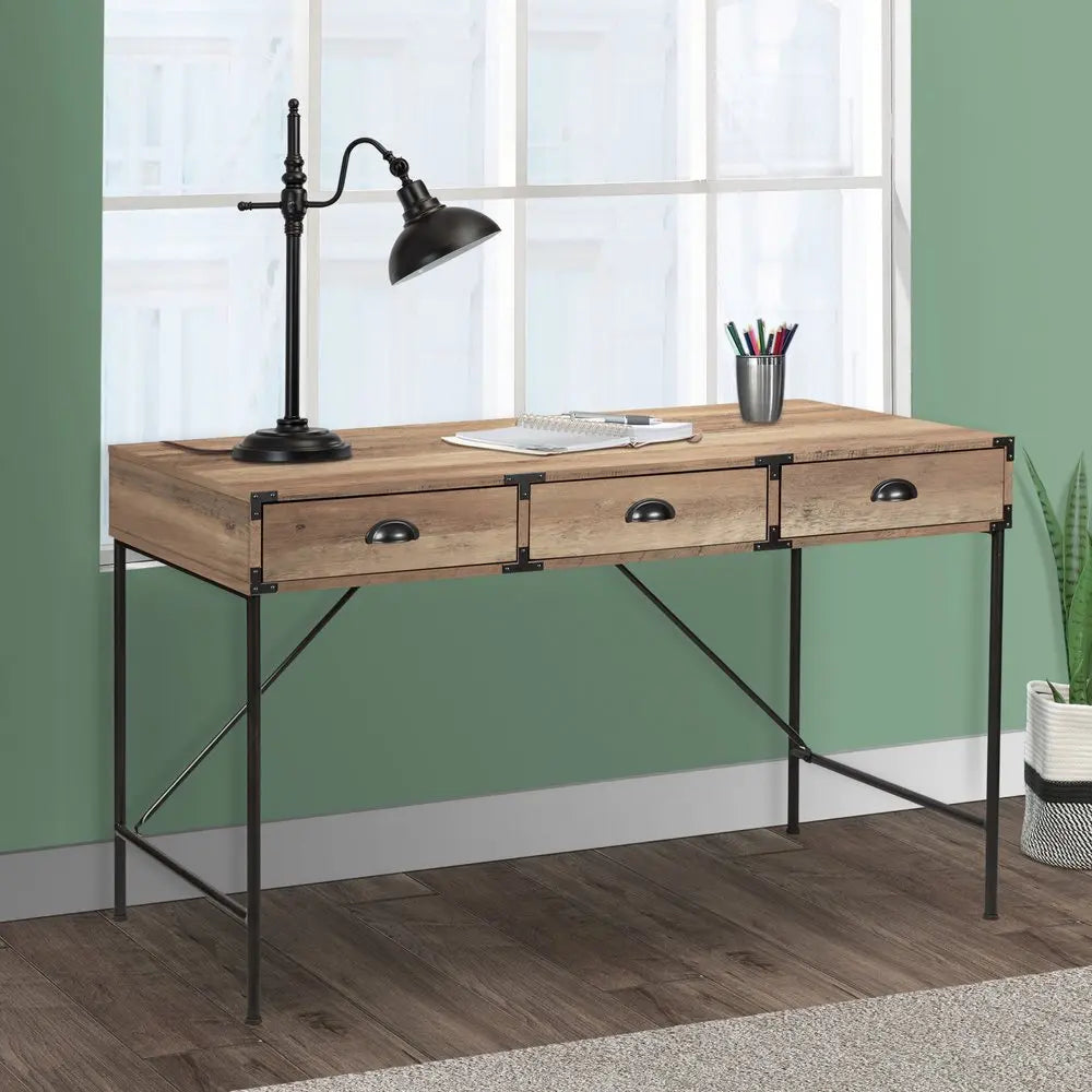 47" Oak Wood Wall Mounted H-Shape Writing Desk With Three Drawers HomeRoots