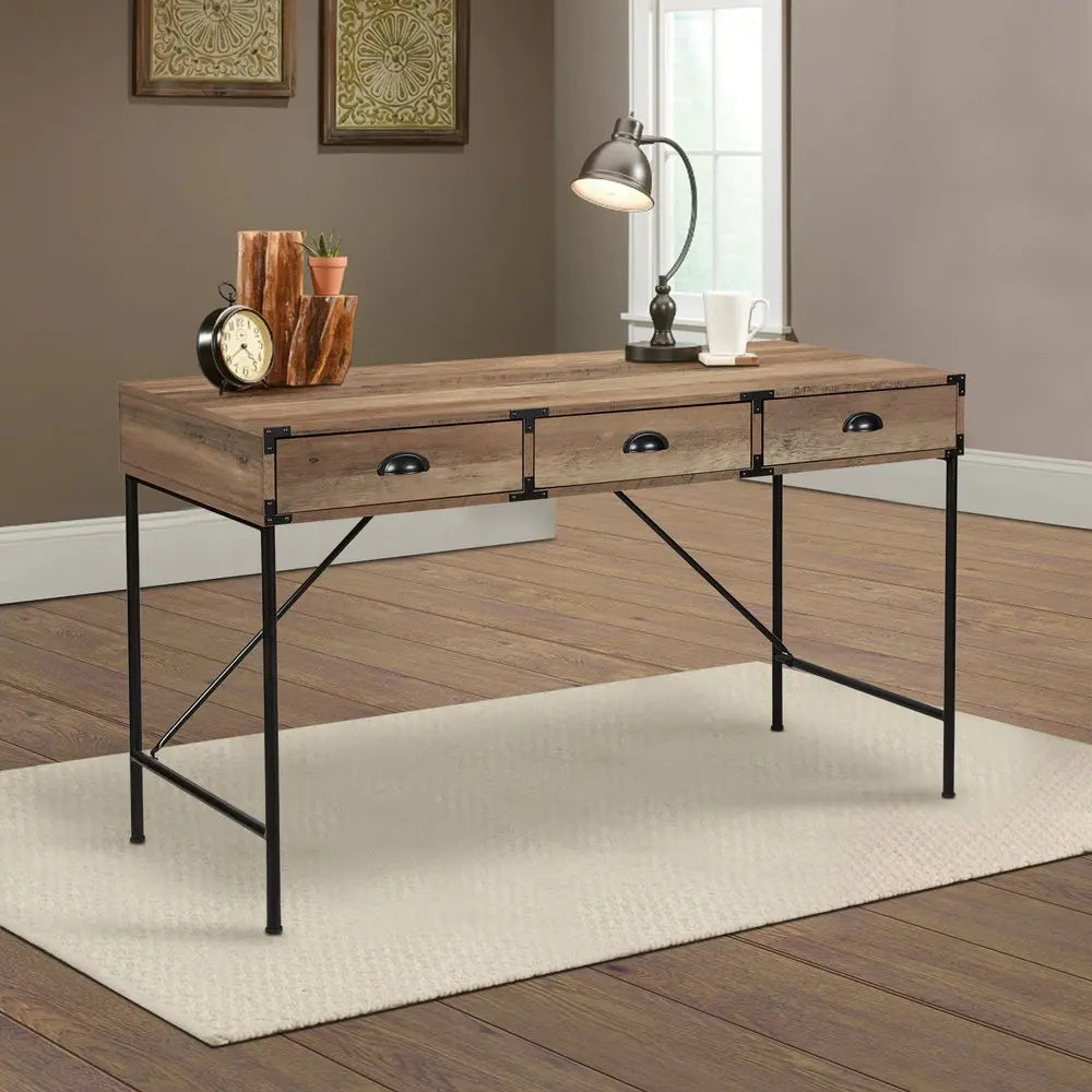 47" Oak Wood Wall Mounted H-Shape Writing Desk With Three Drawers HomeRoots