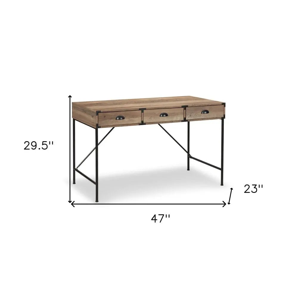 47" Oak Wood Wall Mounted H-Shape Writing Desk With Three Drawers HomeRoots