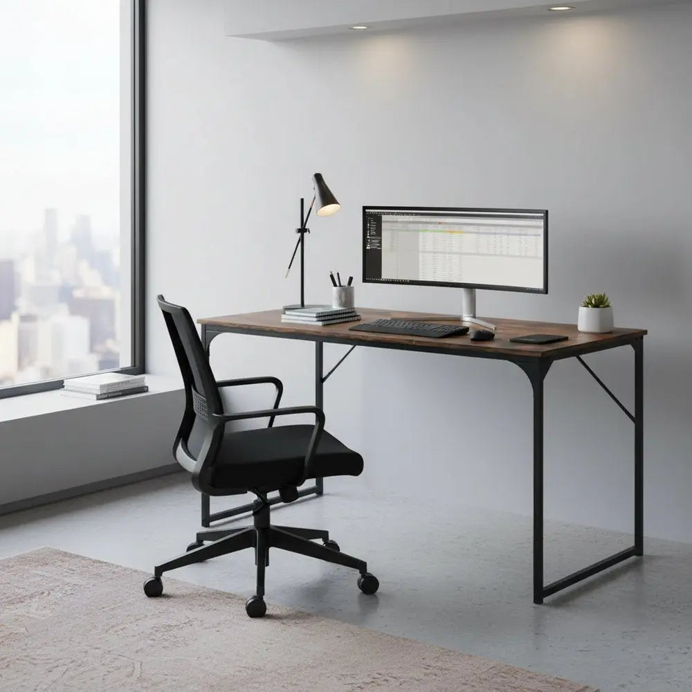 32" Brown and Black Wood and Metal H-Shape Computer Desk