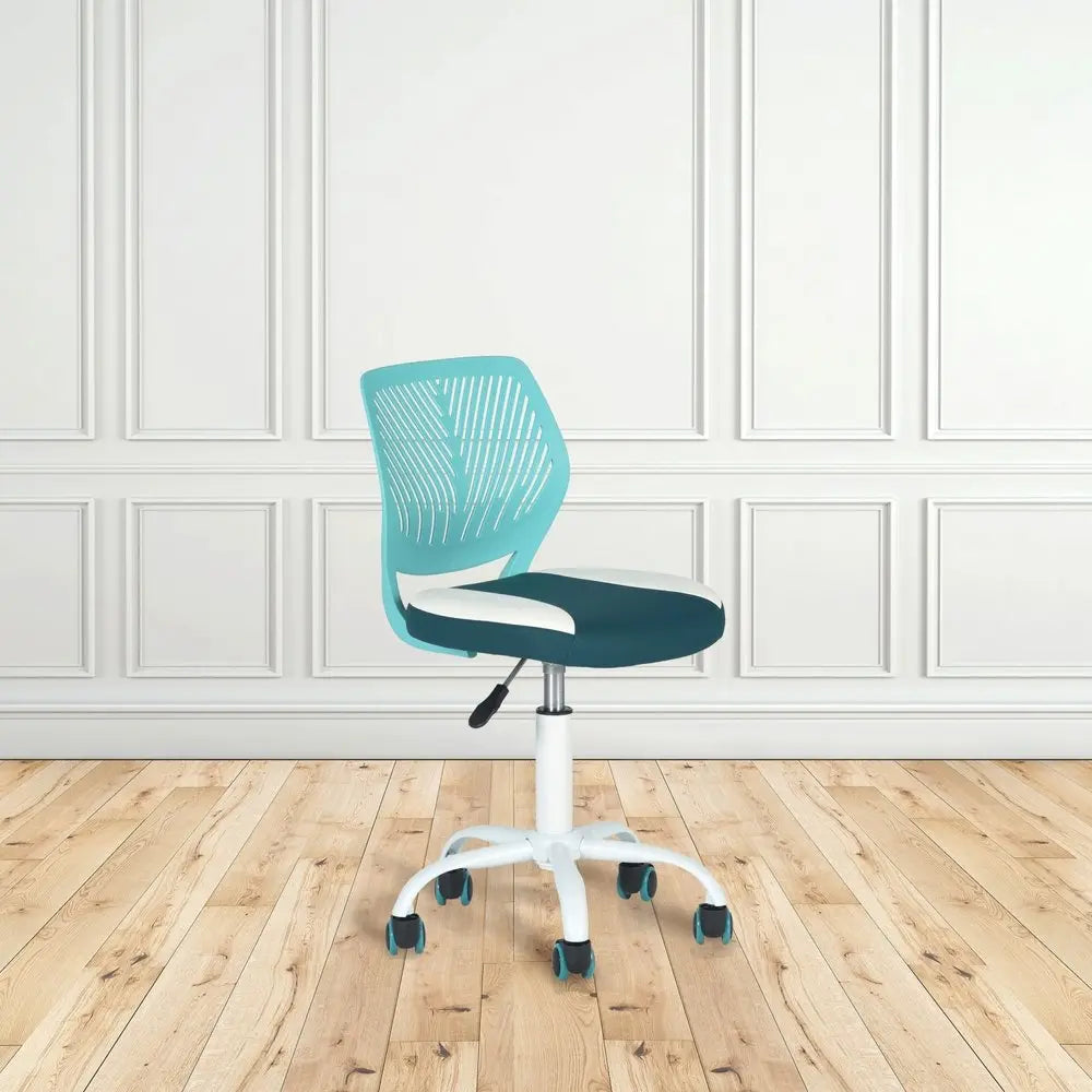 Aqua Teal Blue and White Adjustable Height Swivel Rolling Office Chair HomeRoots
