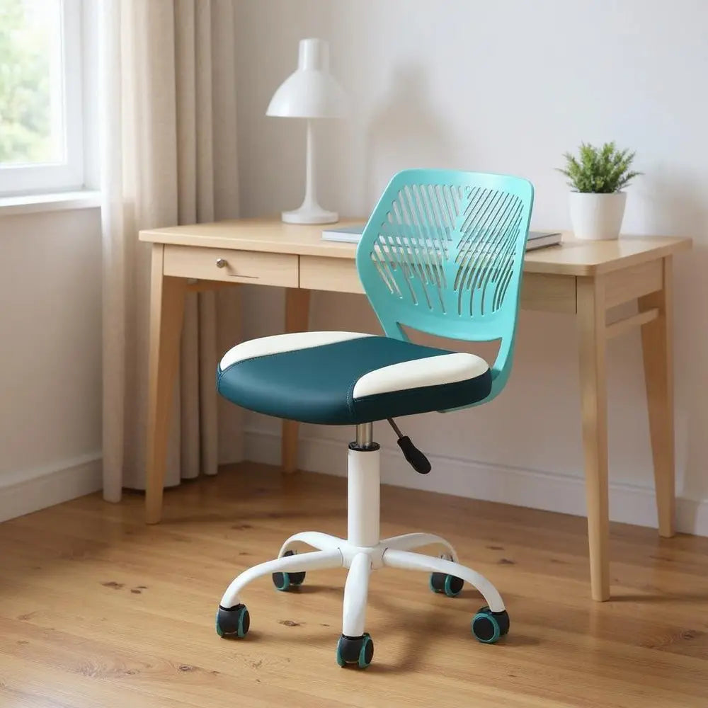 Aqua Teal Blue and White Adjustable Height Swivel Rolling Office Chair HomeRoots