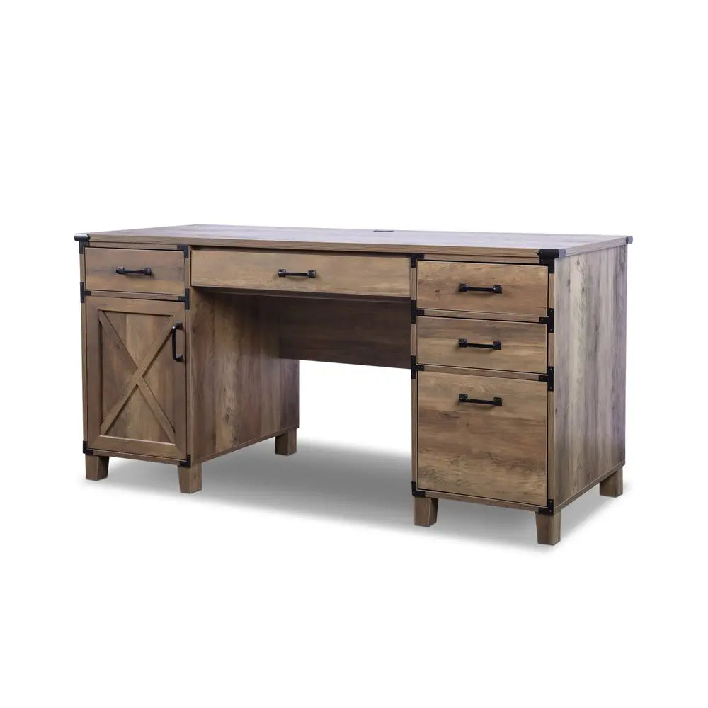 59" Natural Wood Executive Desk With Five Drawers HomeRoots