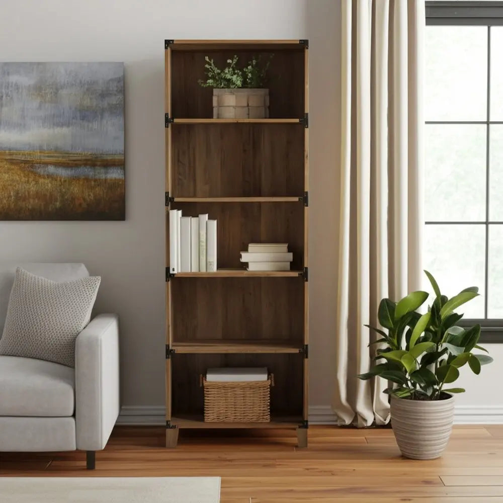 71" Oak Distressed Wood Five Tier Etagere Bookcase HomeRoots