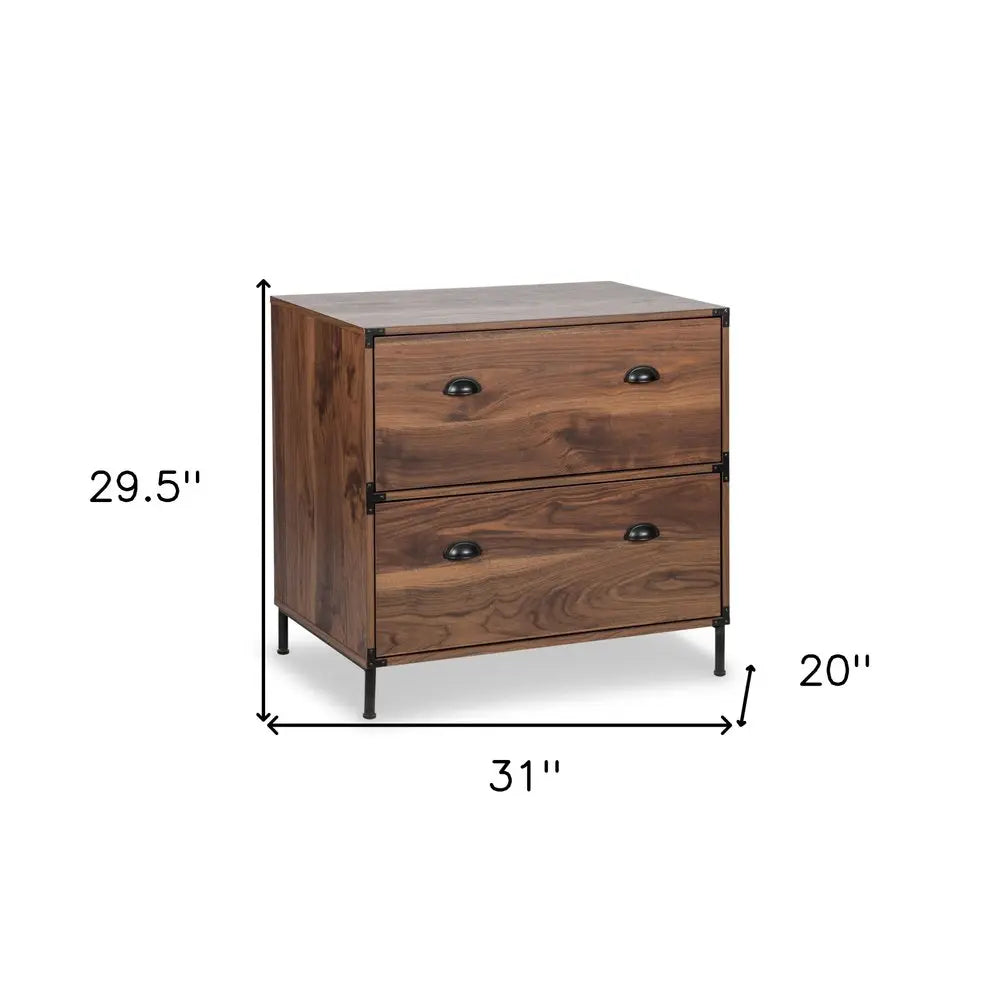 30" Walnut Wood Two Drawers Filing Cabinet HomeRoots
