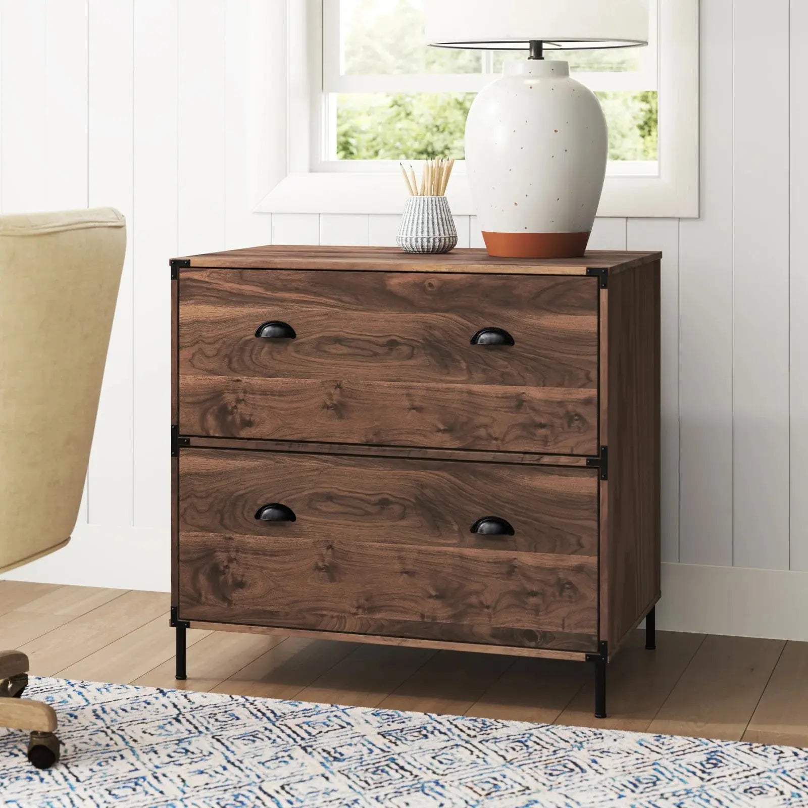 30" Walnut Wood Two Drawers Filing Cabinet HomeRoots