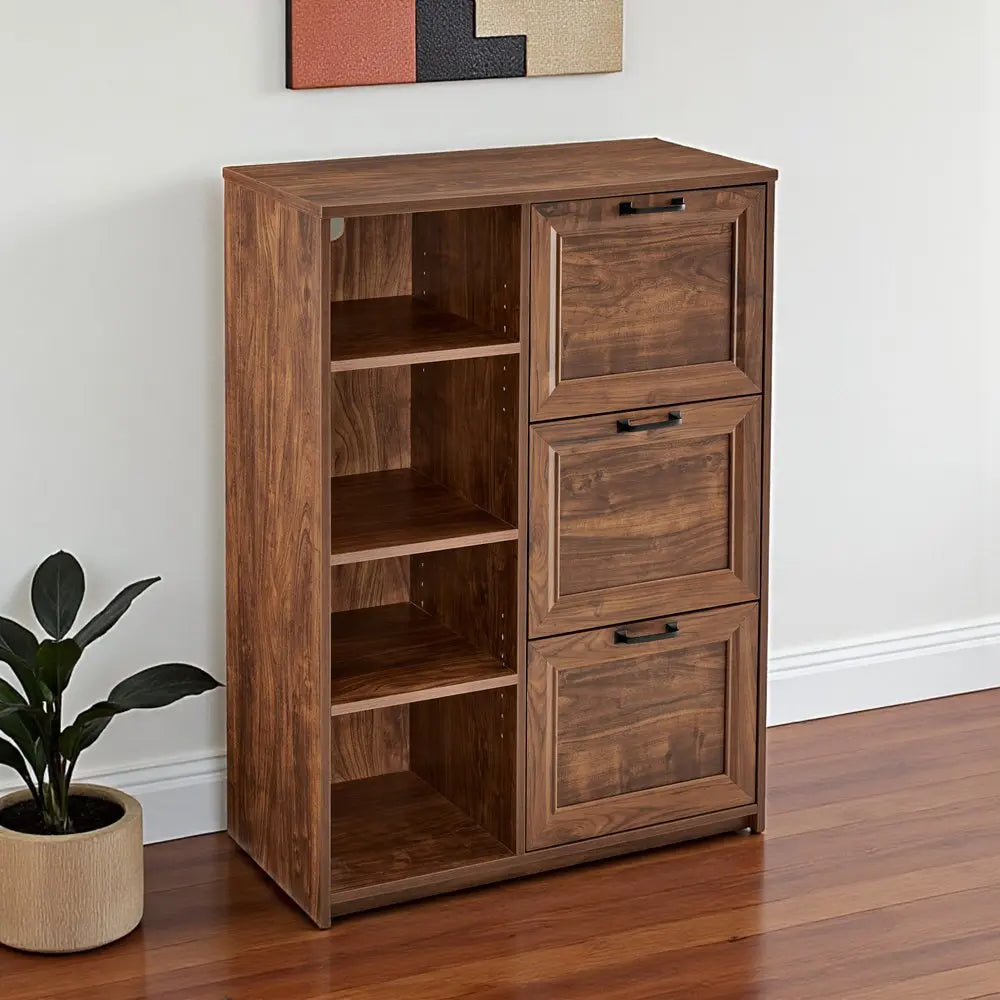 43" Walnut Distressed Wood Three Drawers Filing Cabinet HomeRoots