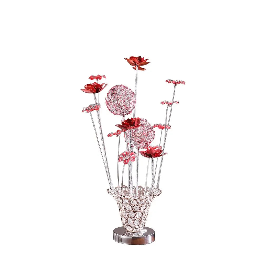 21" Silver and Clear Metal and Faux Crystal Red Roses Bedside Lamp HomeRoots