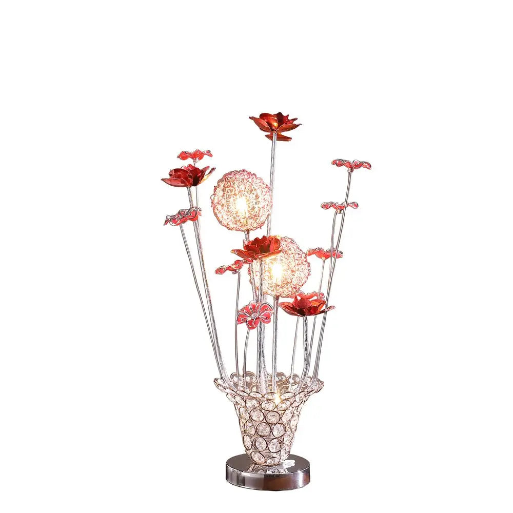 21" Silver and Clear Metal and Faux Crystal Red Roses Bedside Lamp HomeRoots
