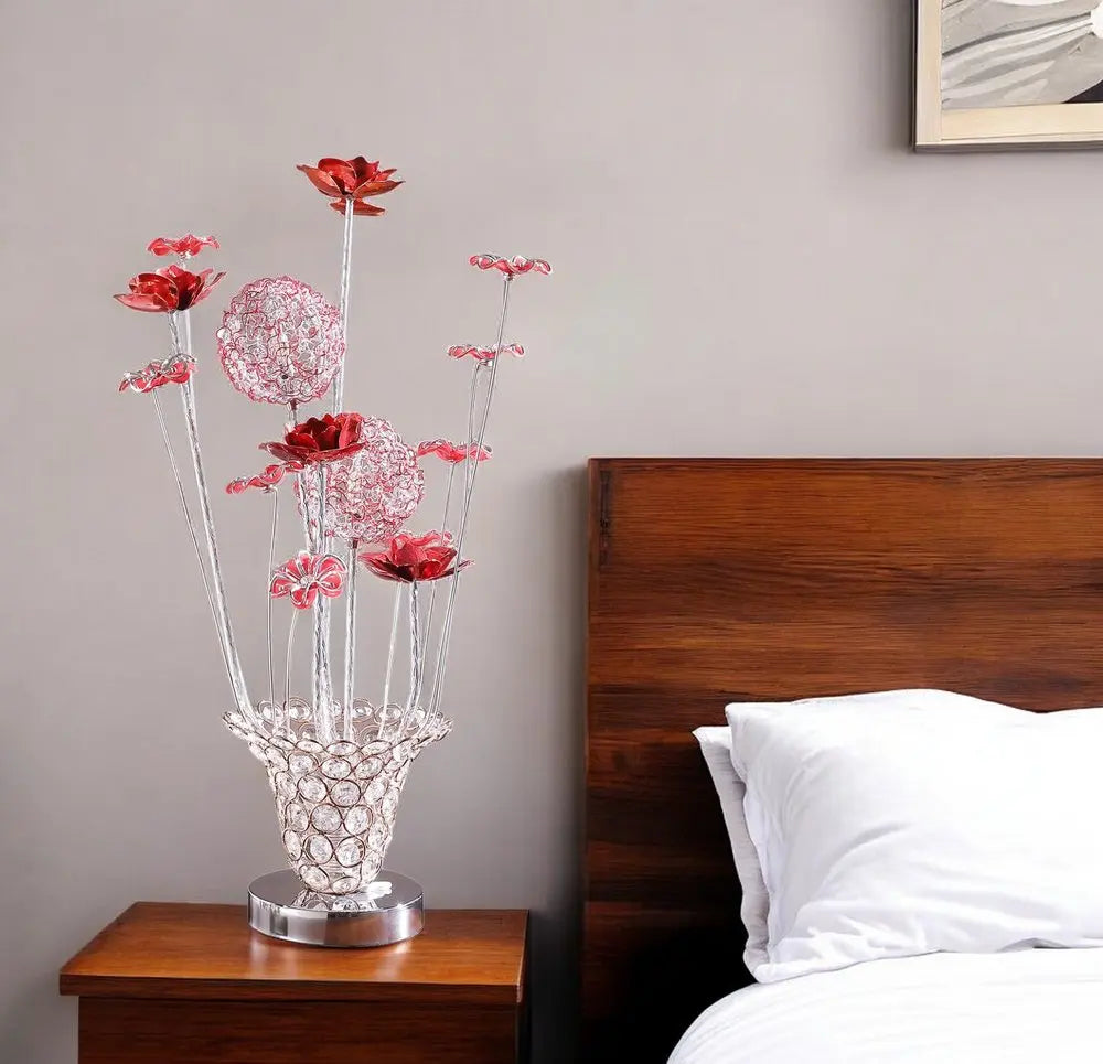 21" Silver and Clear Metal and Faux Crystal Red Roses Bedside Lamp HomeRoots