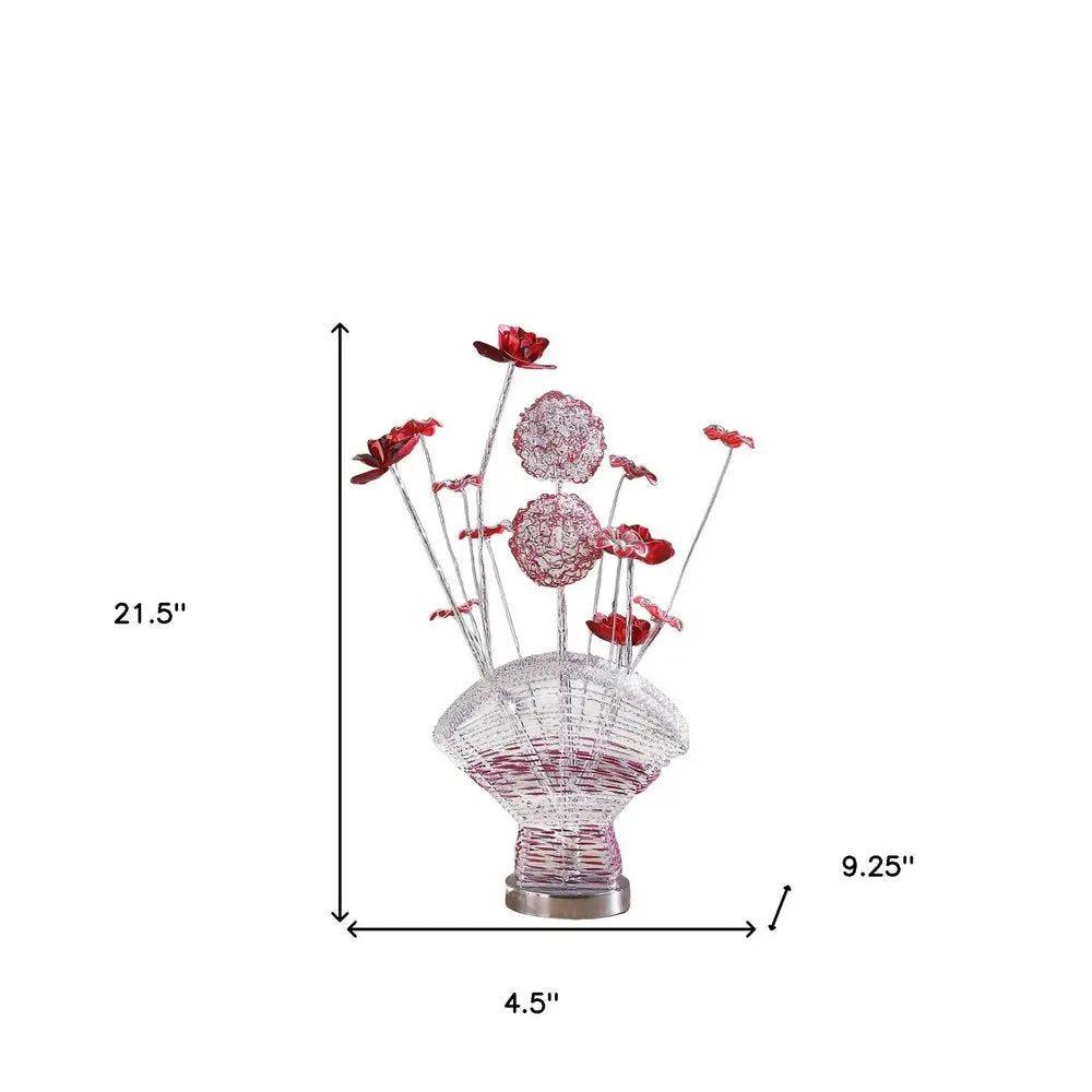 22" Silver and Clear Metal and Acrylic Red Rose Bedside Lamp HomeRoots