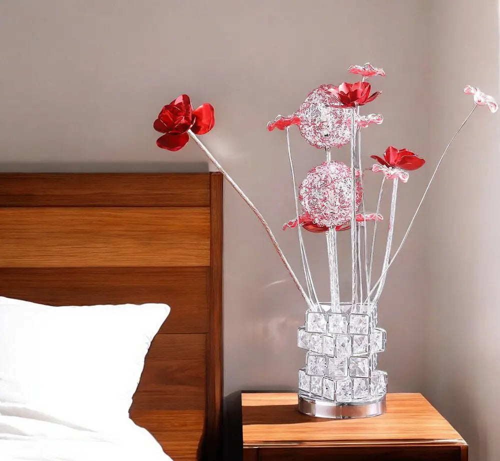 21" Silver and Clear Metal and Faux Crystal Geometric And Roses Bedside Lamp HomeRoots