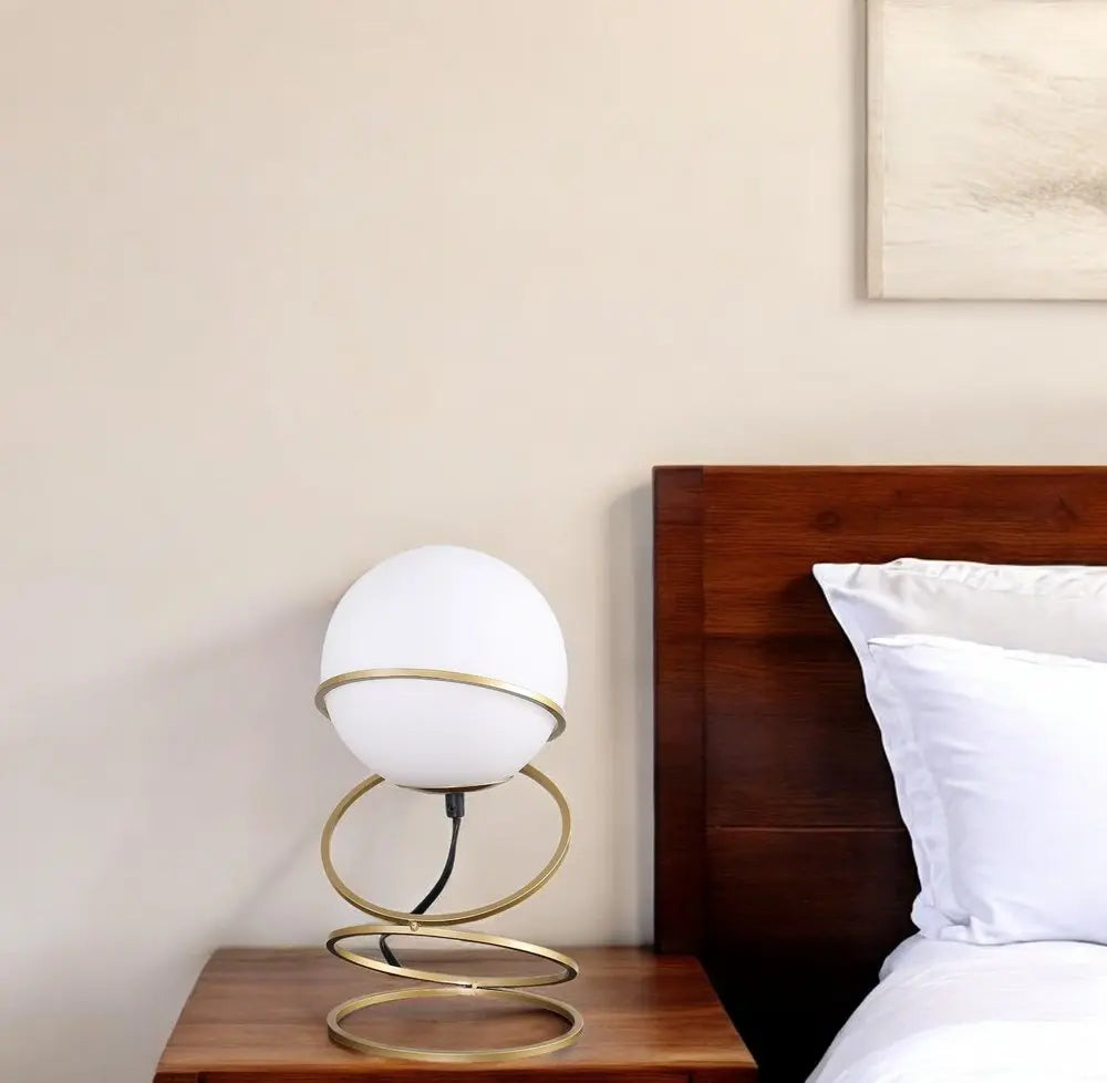 14" Gold Metal Geo Spiral Bedside Lamp With White Globe Shade HomeRoots