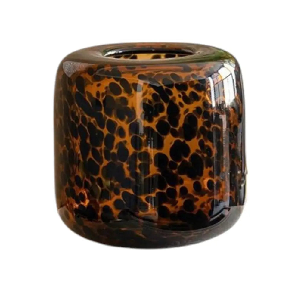 8" Amber And Black Animal Print Glass Round Table Vase