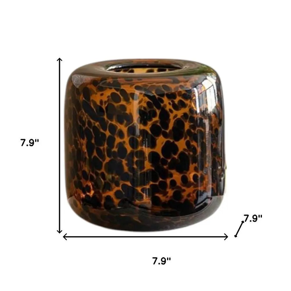 8" Amber And Black Animal Print Glass Round Table Vase