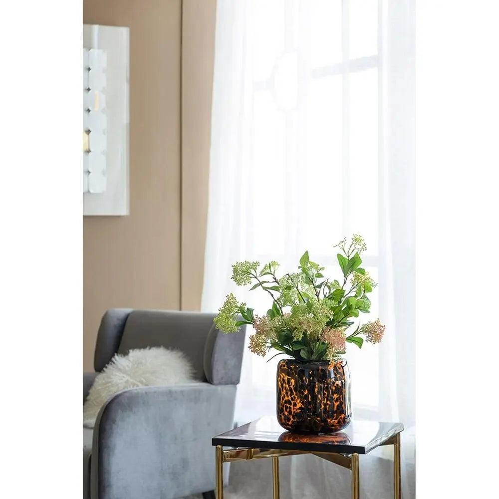 8" Amber And Black Animal Print Glass Round Table Vase