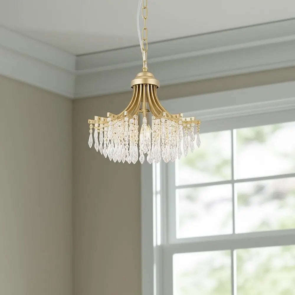 Clear And Gold Metal and Crystals Chandelier With Clear Shade HomeRoots
