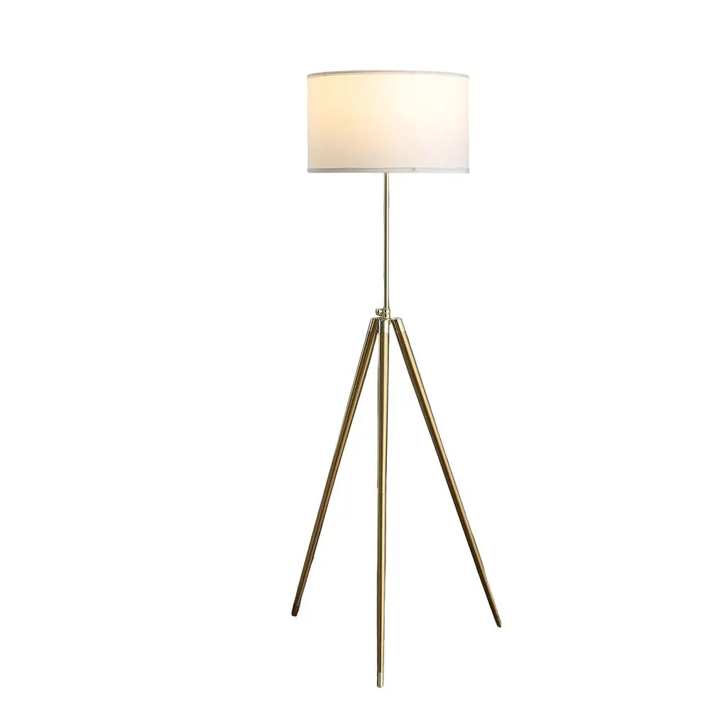 Gold Metal Adjustable Tripod Floor Lamp With White Linen Drum Shade HomeRoots
