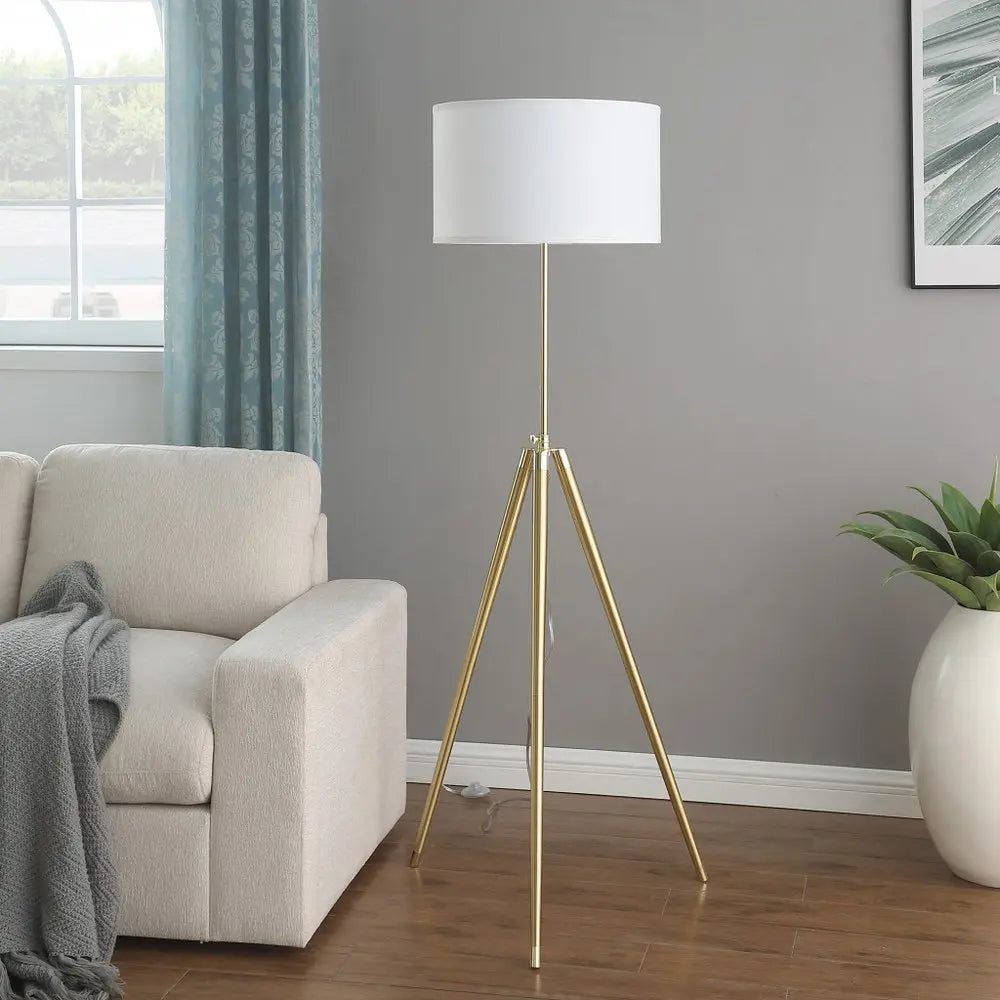 Gold Metal Adjustable Tripod Floor Lamp With White Linen Drum Shade HomeRoots