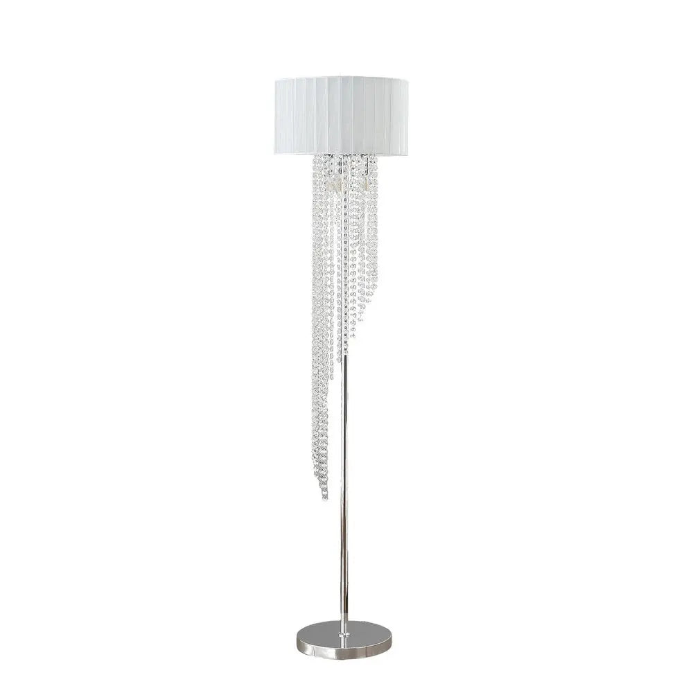 66" Clear And Silver Crystal And Metal Floor Lamp With White Linen Drum Shade HomeRoots