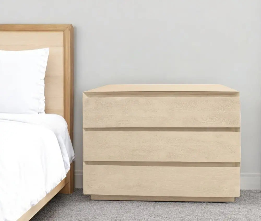 24" Natural Solid Wood Ribbed Texture Three Drawer Nightstand HomeRoots