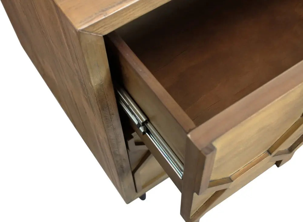 28" Natural Two Drawer Distressed Carved Geometric Solid Wood Nightstand HomeRoots