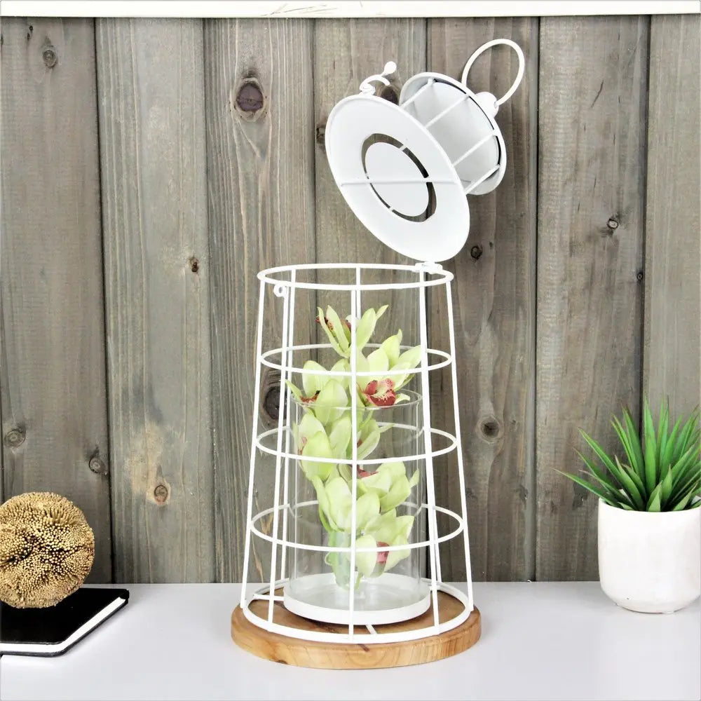 15" White And Natural Metal And Wood Lighthouse Tabletop Lantern Candle Holder HomeRoots