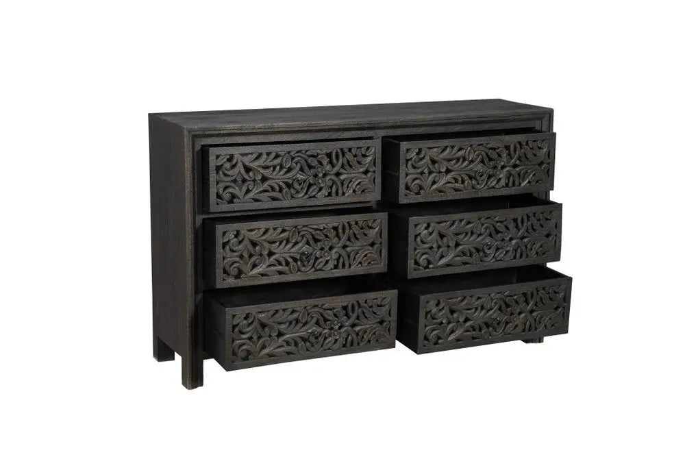 57" Black Solid Wood Six Drawer Dresser - NOBLE HOME INTERIORS