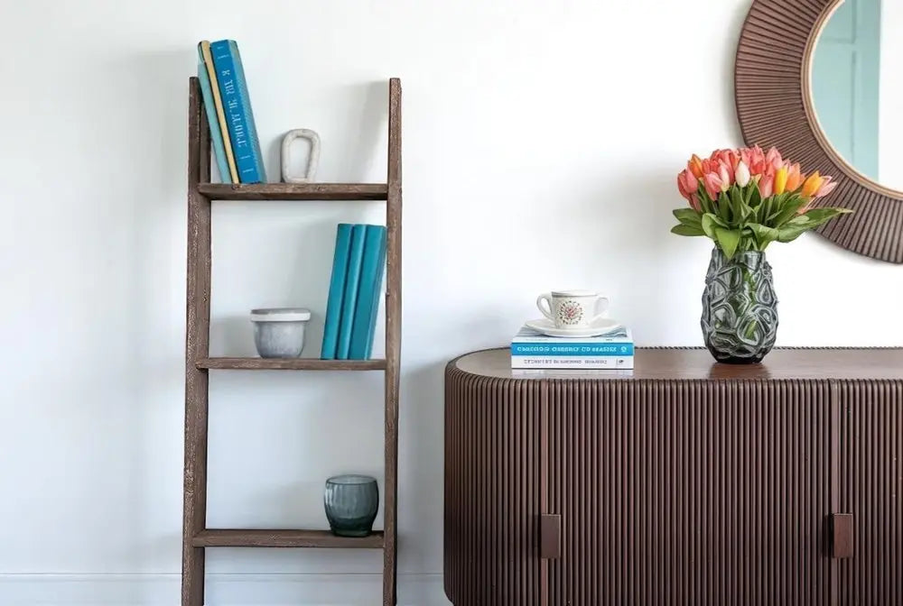 57" Brown Rustic Five Step Wood Ladder Shelf - NOBLE HOME INTERIORS