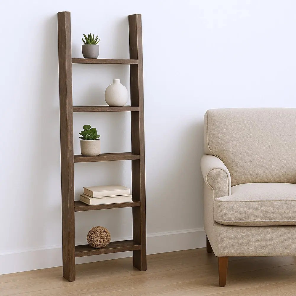 57" Brown Rustic Five Step Wood Ladder Shelf - NOBLE HOME INTERIORS