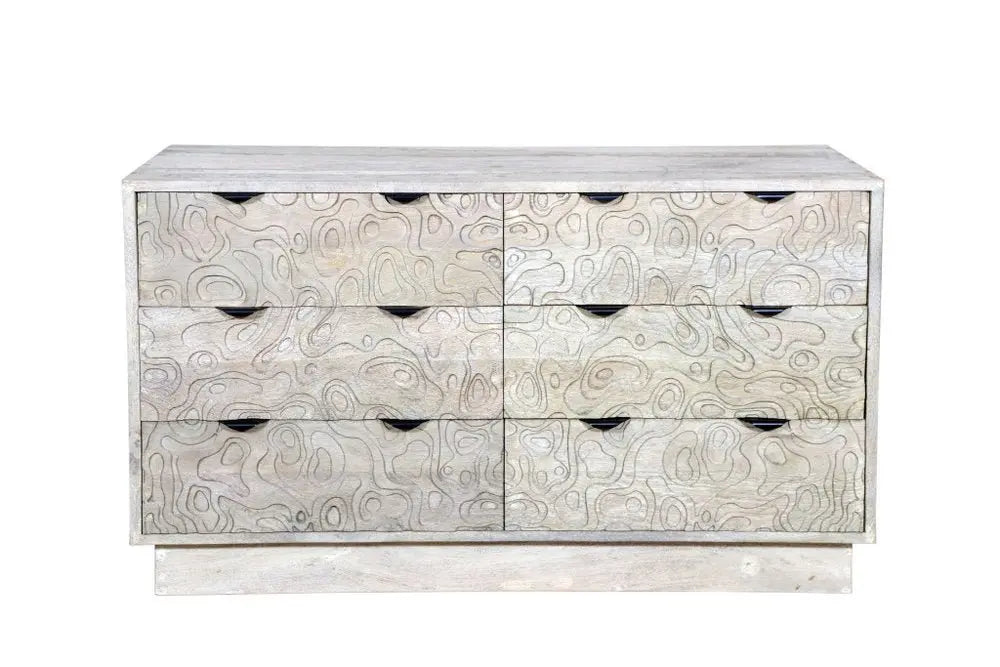 57" Gray Carved Geometric Solid Wood Six Drawer Dresser - NOBLE HOME INTERIORS