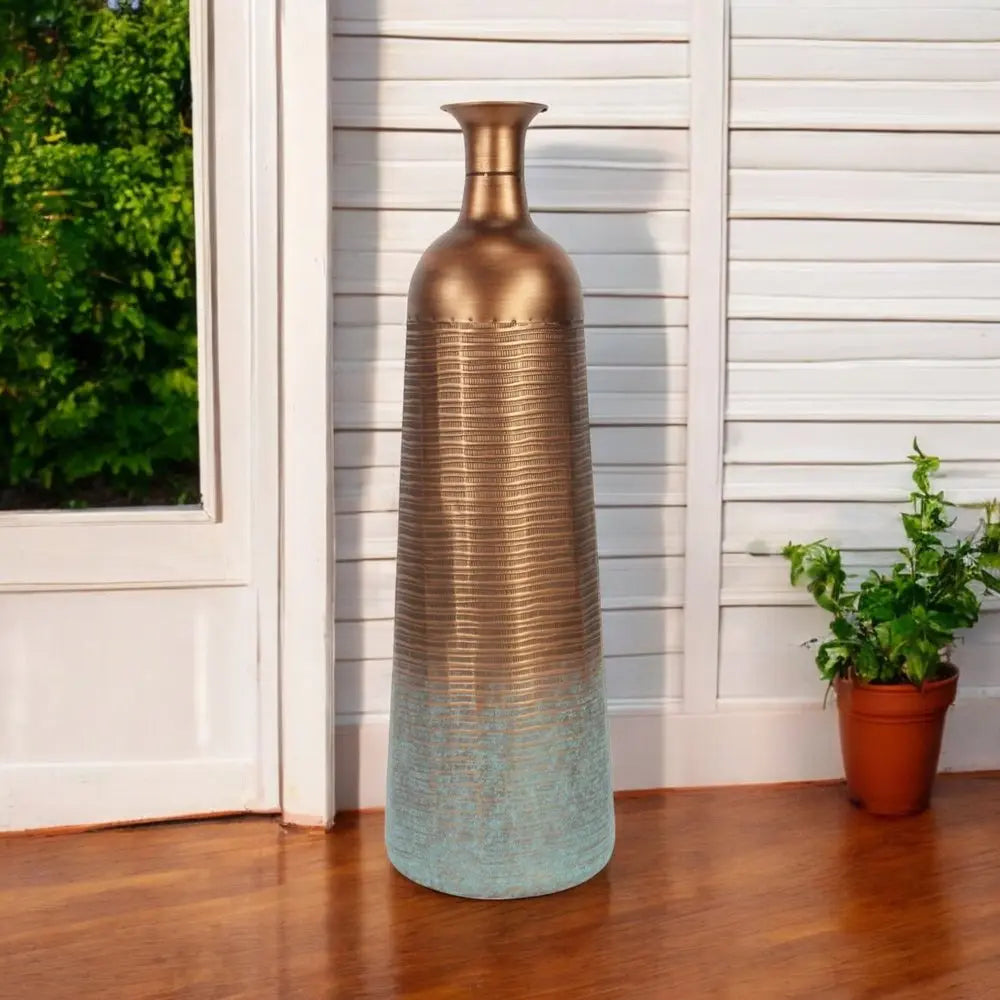 28" Copper And Teal Abstract Tapered Metal Floor Vase HomeRoots